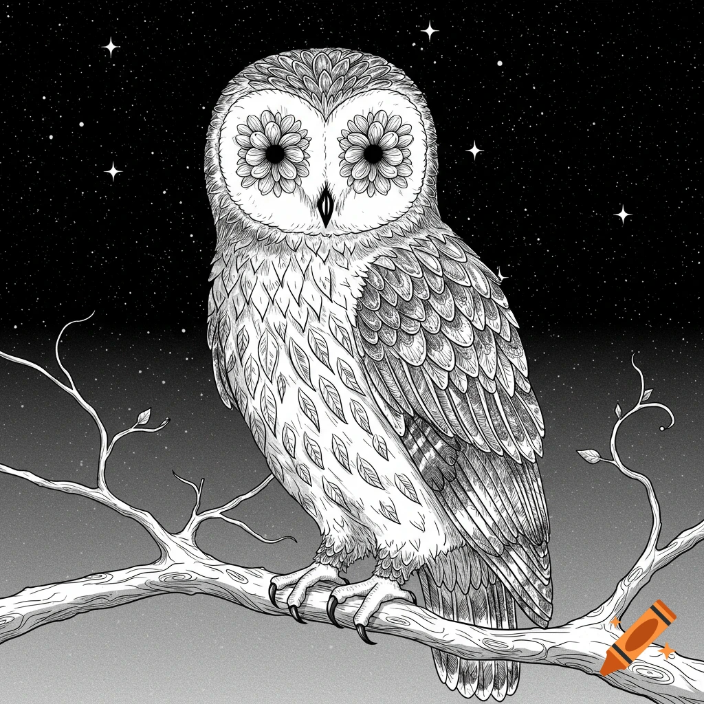 A black and white fine line illustration of an owl with flowers for eyes perched on a tree branch at night under a starry sky.