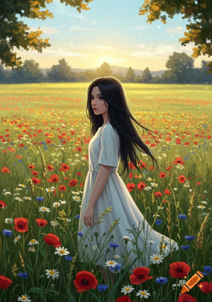 A digitally painted girl with long dark hair stands in a vibrant field of red poppies, white daisies, and blue cornflowers at sunrise.