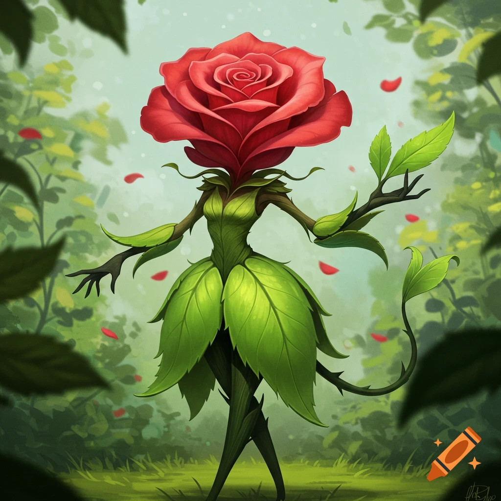 An anthropomorphic rose creature with a large red rose head, a green leafy dress, and dark stick-like limbs stands in a lush forest.