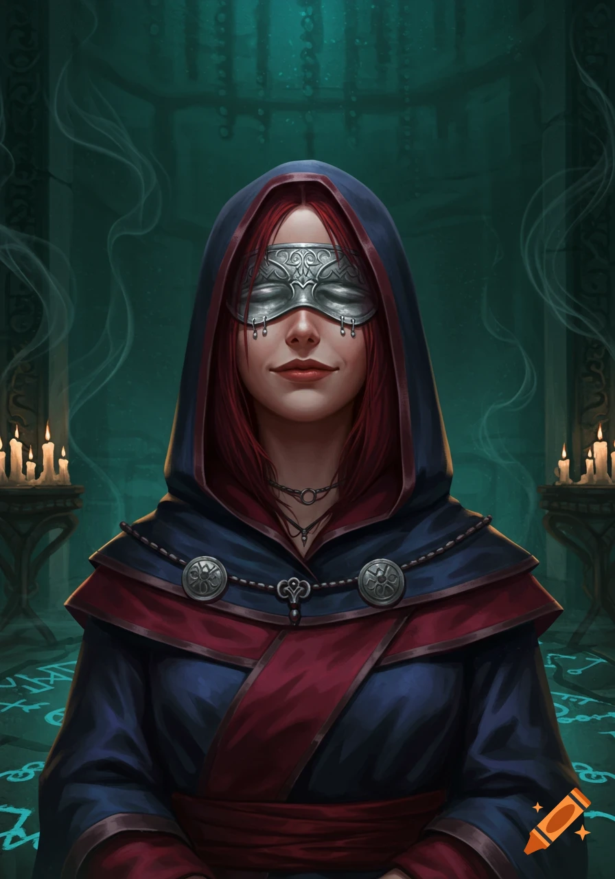 A red-haired woman in a blue and red hooded robe and silver blindfold smiles in a dimly lit, candlelit room with symbols on the floor, digital painting style.