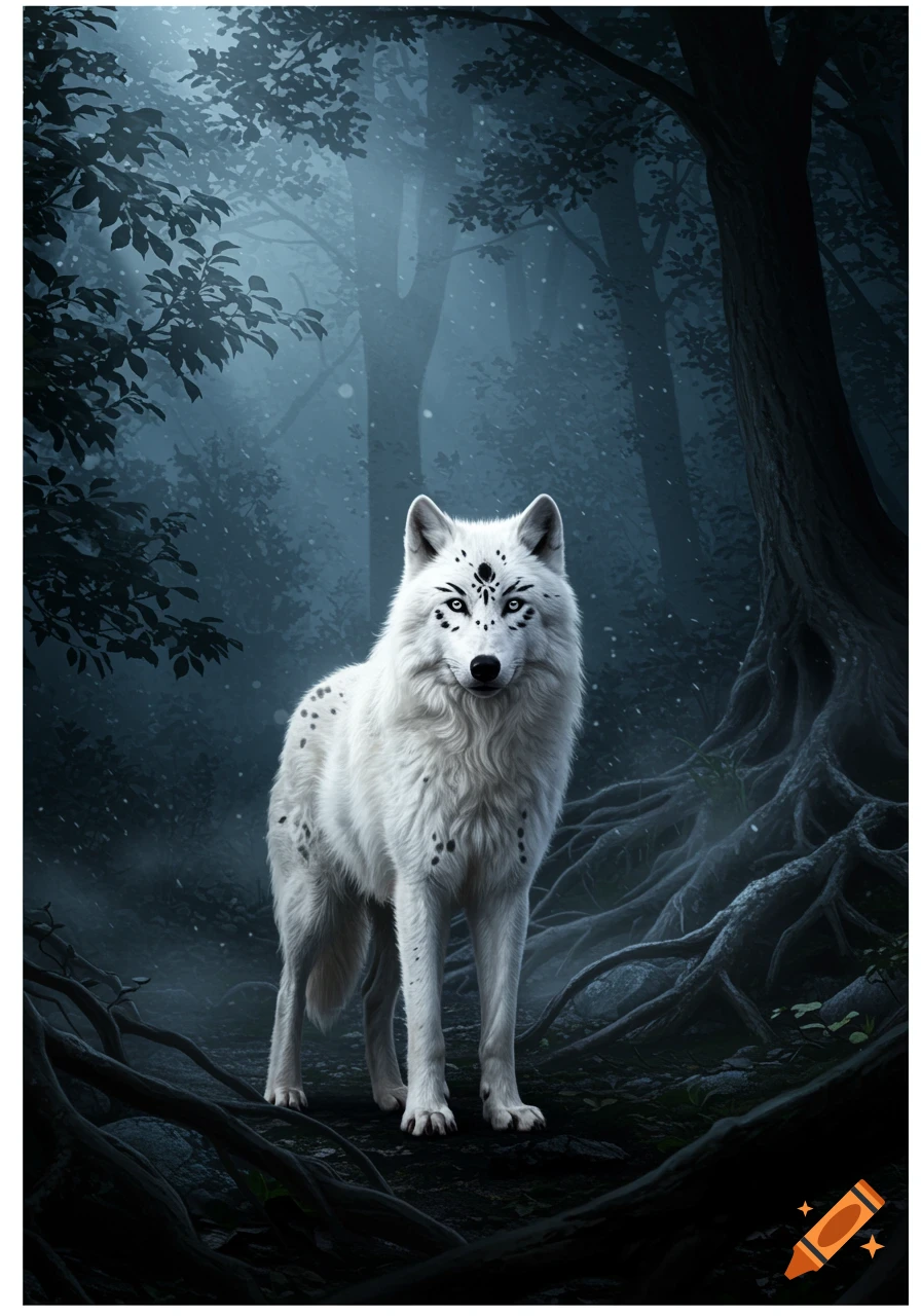 A white wolf with black markings on its face and body stands in a dark, mystical forest with glowing eyes.