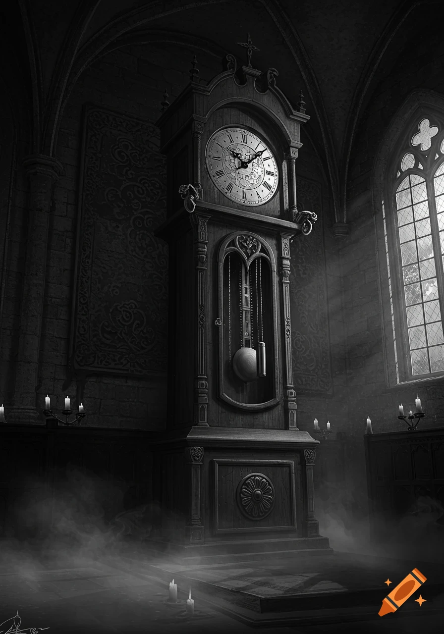 Black and white image of a gothic grandfather clock in a dark, misty room with light rays from a large window and lit candles.