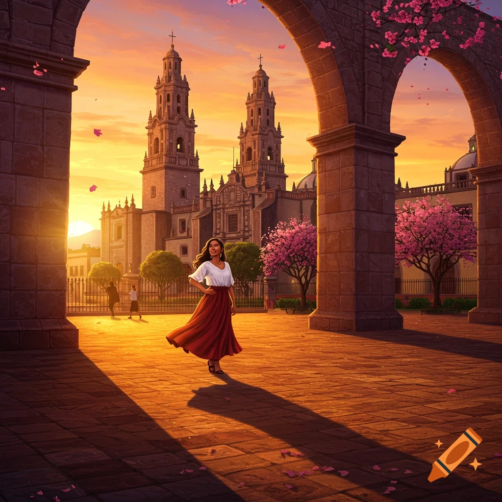 A woman in a white top and red skirt stands under stone arches at sunset, with a grand cathedral and flowering trees in the background.