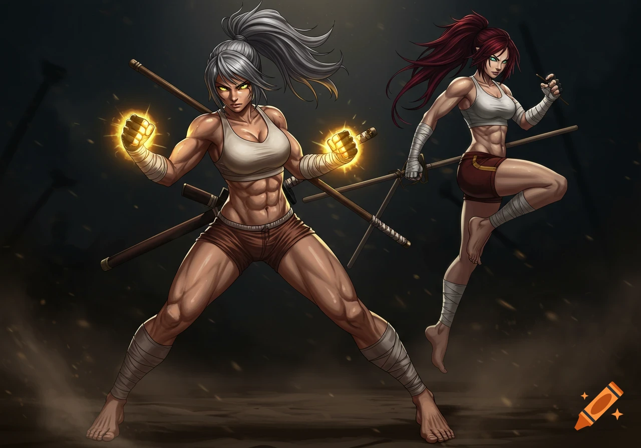 Anime-style illustration of two muscular female warriors in combat poses, one with glowing fists.