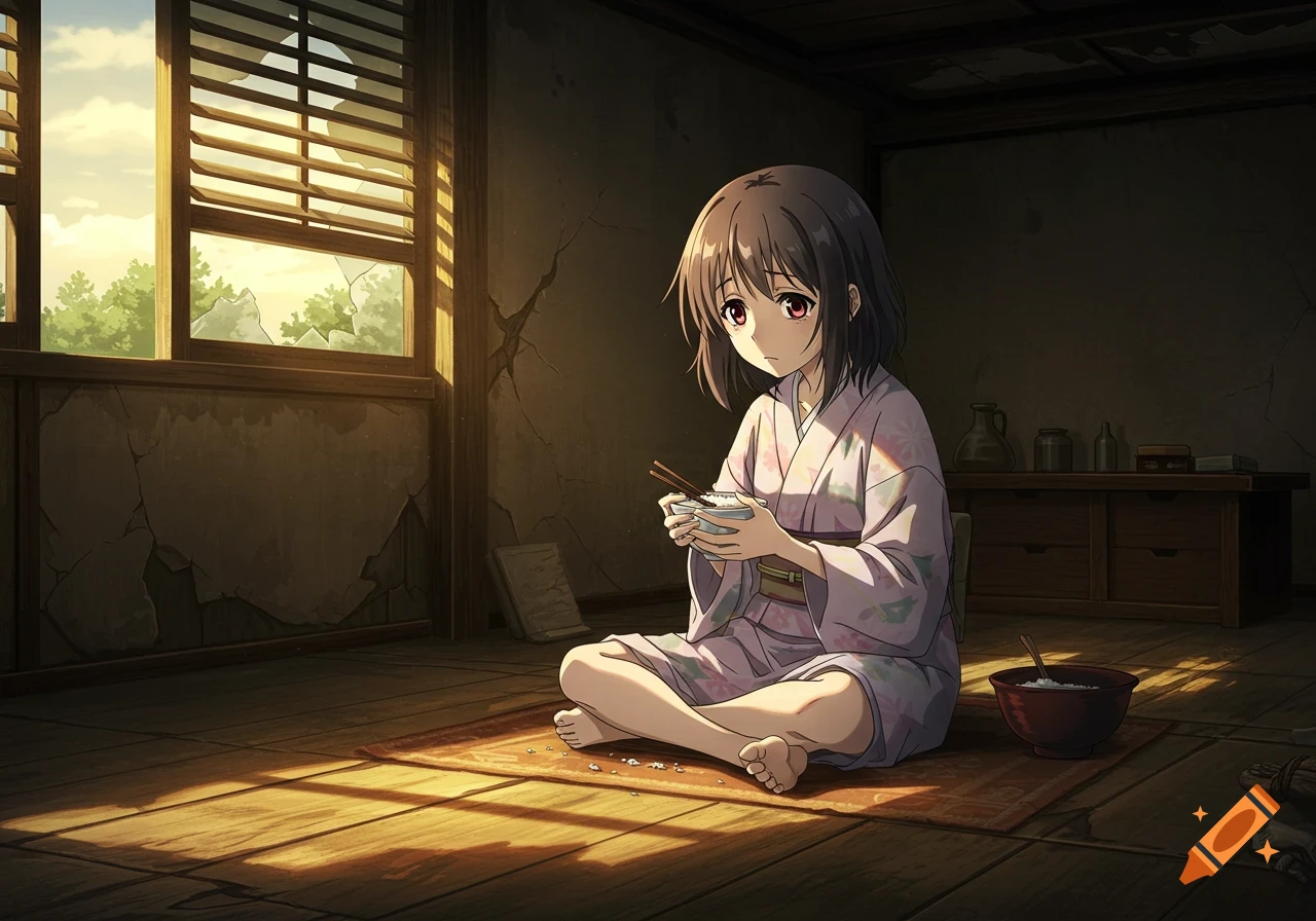 An anime girl sits on a mat in a dilapidated room, eating from a bowl in the sunlight filtering through a window.