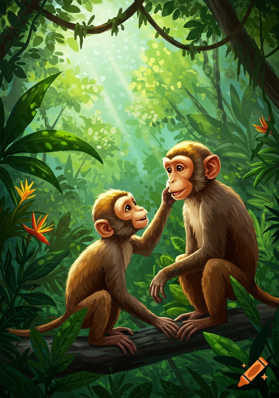 Two cartoon monkeys in a lush jungle, one reaching out to touch the other's face. Rays of light shine through the canopy.
