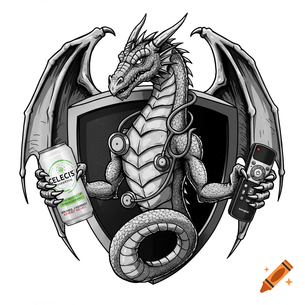 Black and white emblem of a dragon wearing a stethoscope, holding an energy drink can and a TV remote, in front of a shield.