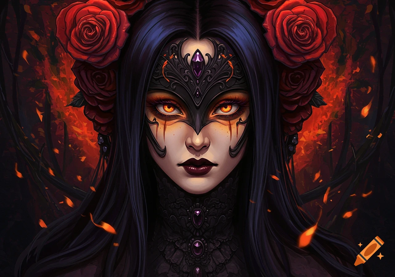 Digital painting of a gothic woman with a black mask, glowing orange eyes, dark hair adorned with red roses, against a fiery background.