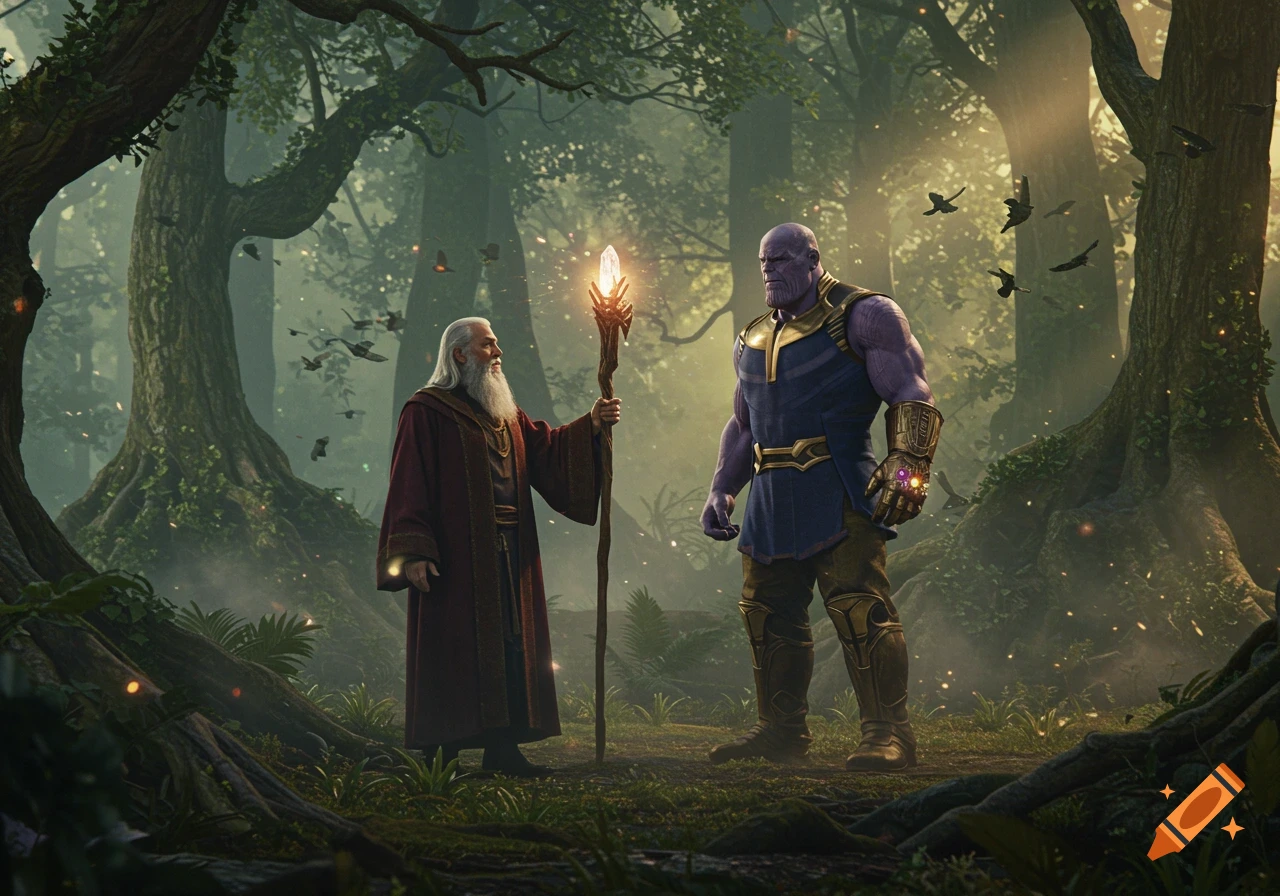 A white-bearded wizard holding a glowing staff stands across from Thanos in a lush, sun-dappled forest.