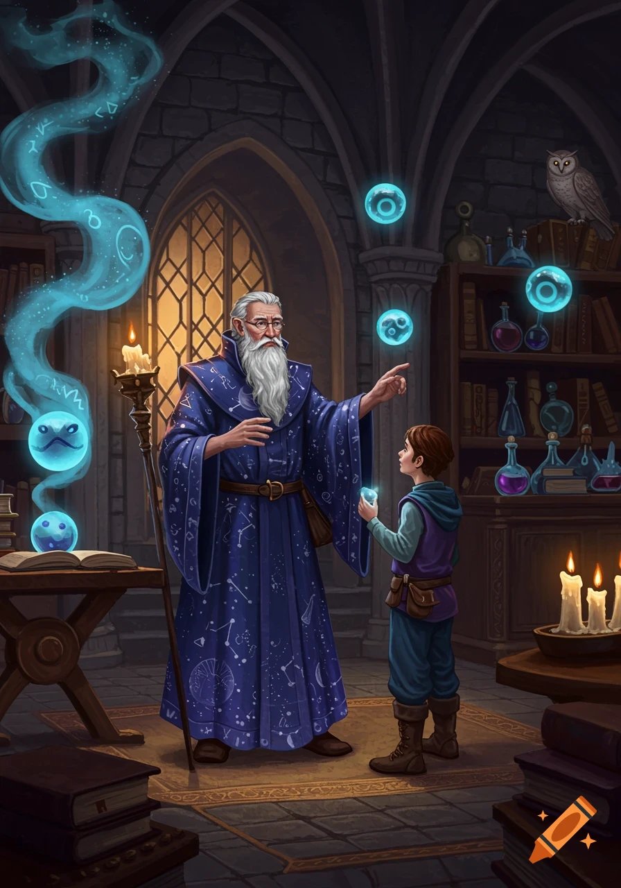 An old wizard in a blue robe adorned with constellations teaches a young boy in a stone-walled room with glowing magical orbs.