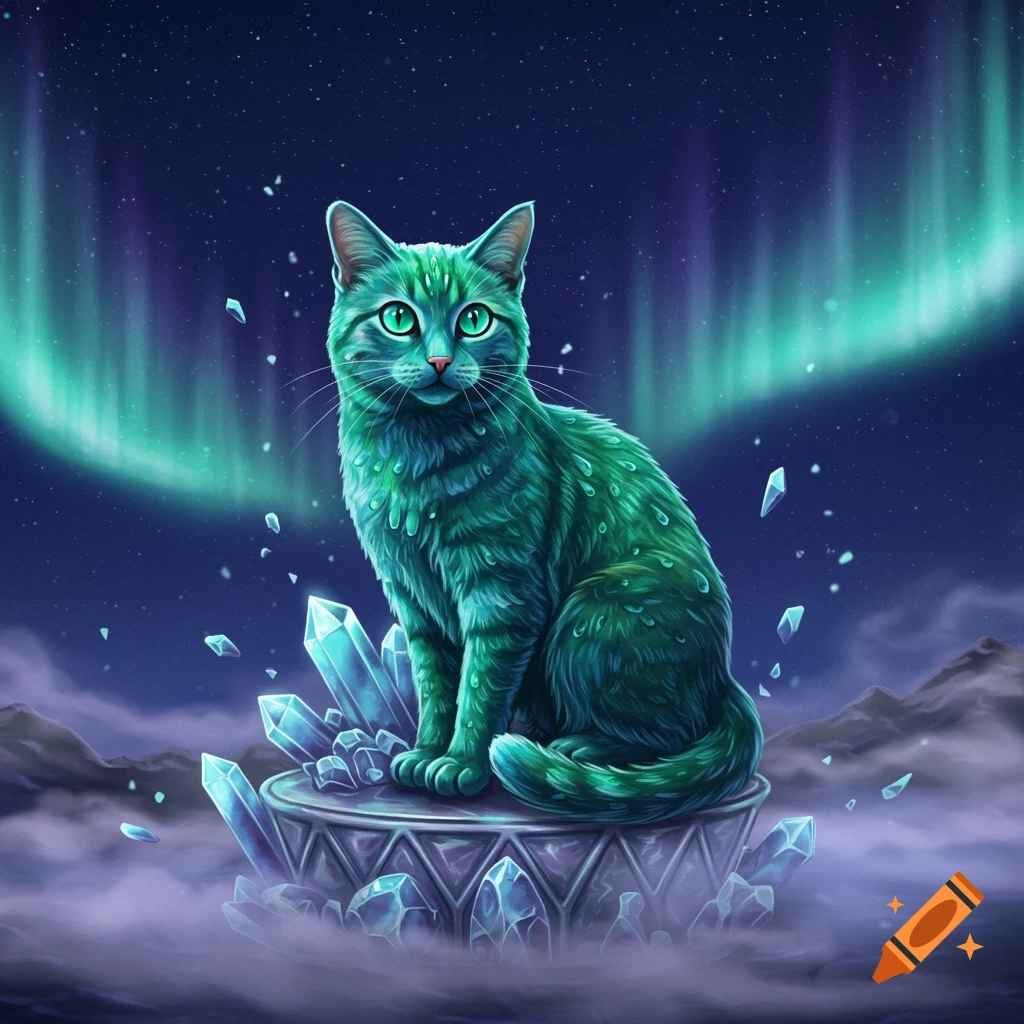 A vibrant green cat with luminous eyes sits on a crystal pedestal under a starry night sky with a bright aurora borealis.