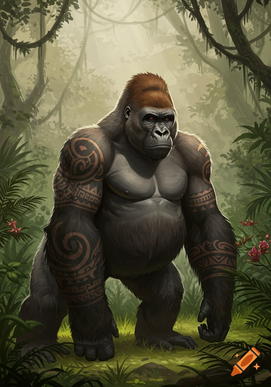 A muscular gorilla with tribal tattoos on its arms stands in a lush jungle.