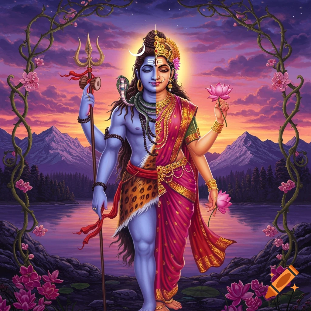 Ardhanarishvara, a half-male, half-female Hindu deity, holding a trident and lotus against a sunset mountain and lake landscape.
