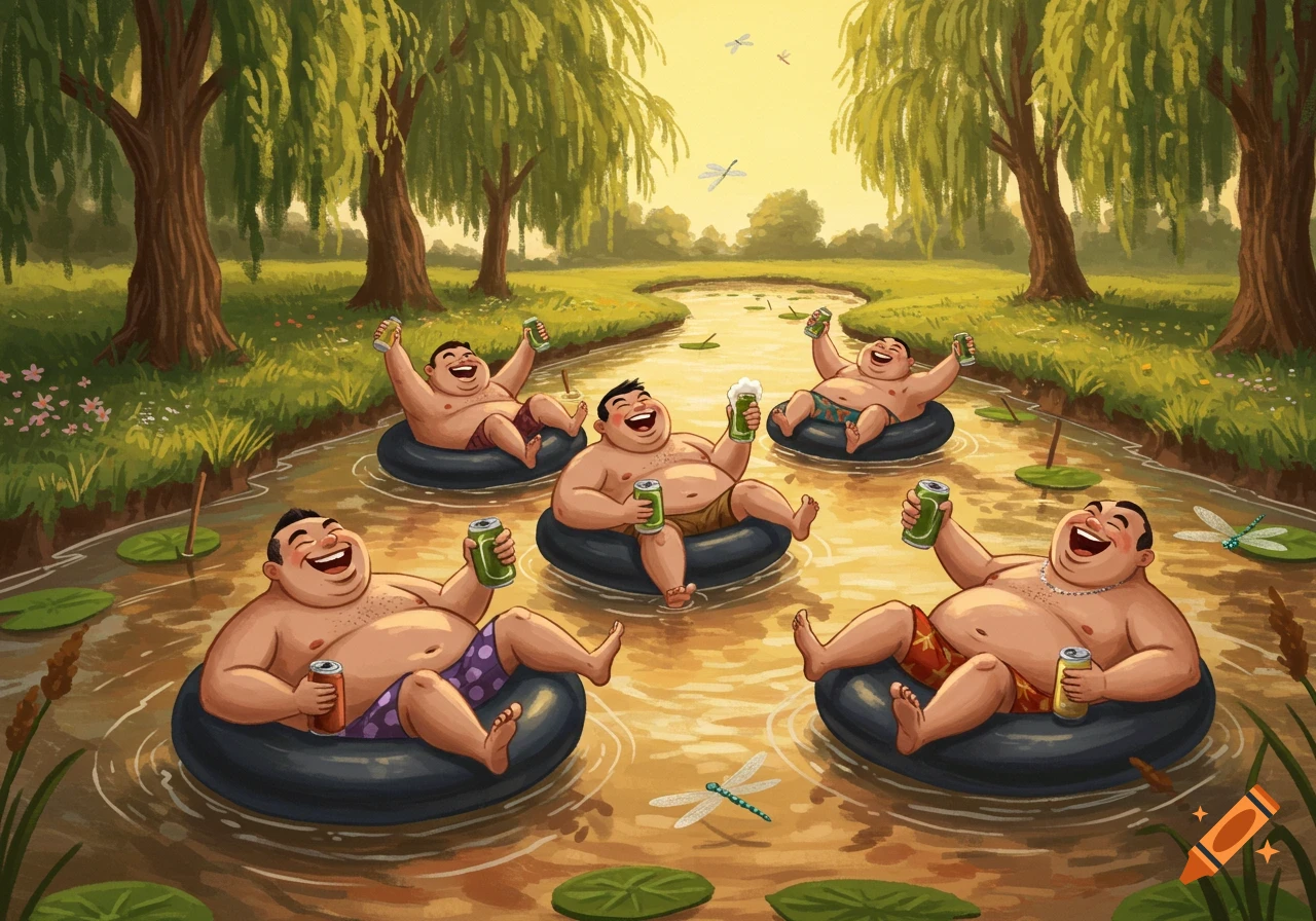 Cartoon illustration of five happy, overweight men floating on inner tubes in a river, drinking beverages.