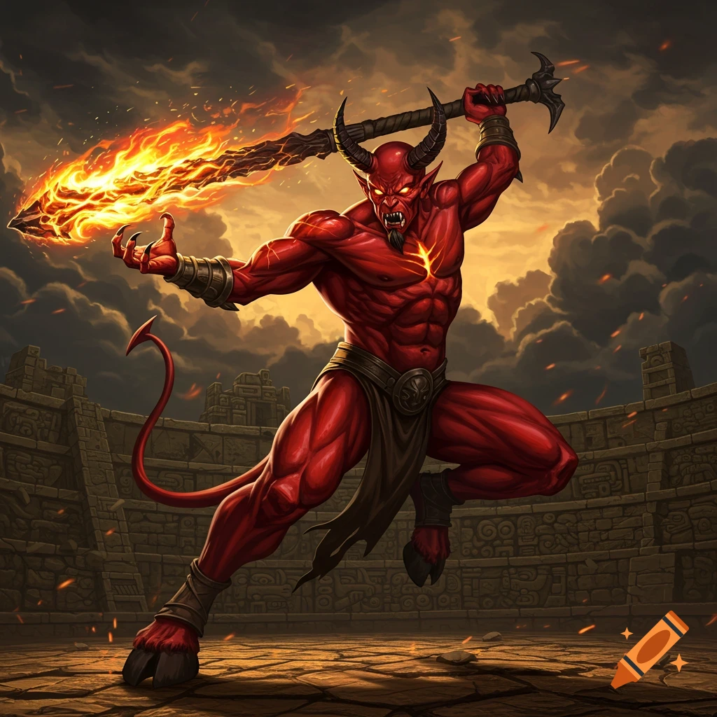 A powerful, muscular red devil with horns and hooves swings a fiery, obsidian-bladed weapon in a crumbling stone arena.