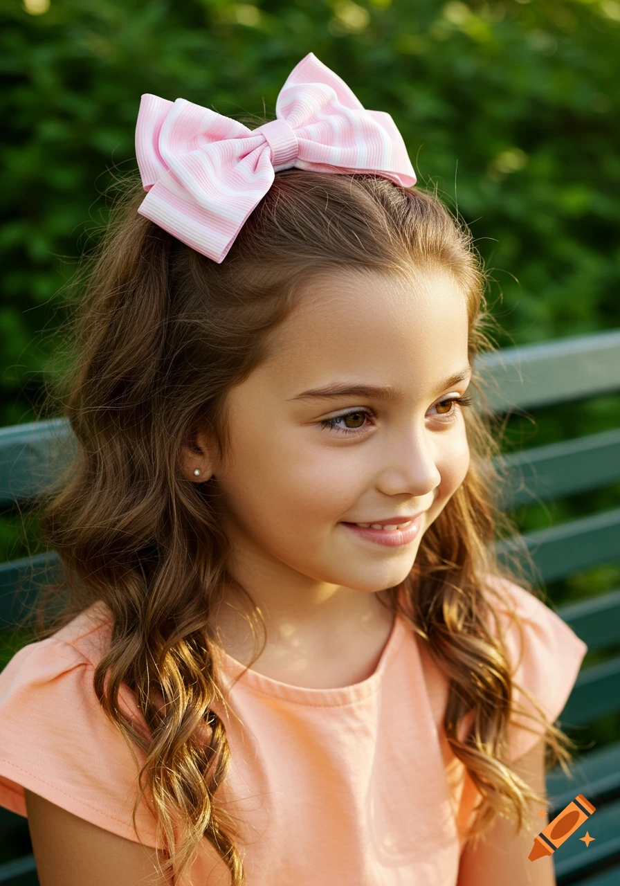Photorealistic close-up of a smiling young girl with a pink and white striped bow in her long brown hair.