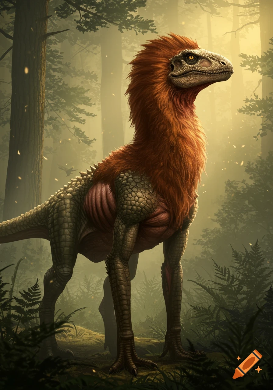 A photorealistic illustration of a feathered dinosaur with exposed ribs, standing in a misty forest.