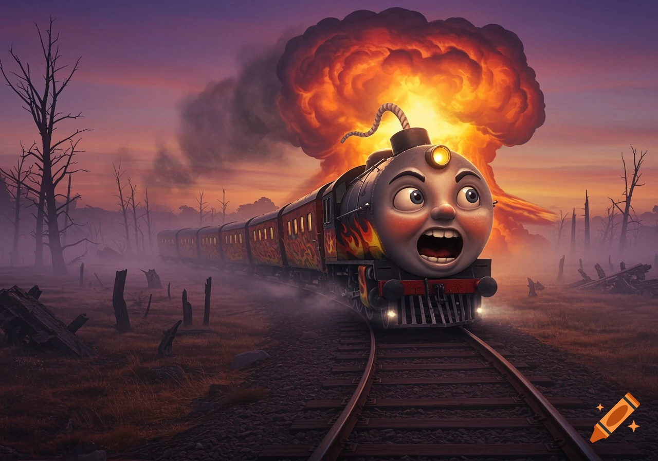 A terrified bomb-like train speeds away from a fiery mushroom cloud explosion in a desolate, post-apocalyptic wasteland at sunset.
