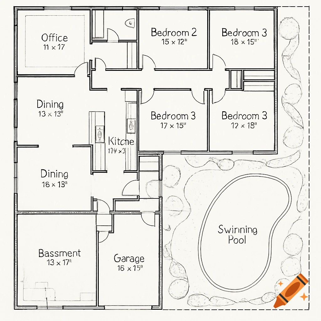 A black and white blueprint of a house floor plan showing multiple rooms including bedrooms, office, dining areas, kitchen, basement, garage, and an outdoor swimming pool.