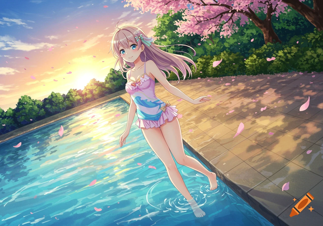 An anime girl in a pink and blue bathing suit stands in a pool with cherry blossoms falling around her at sunset.