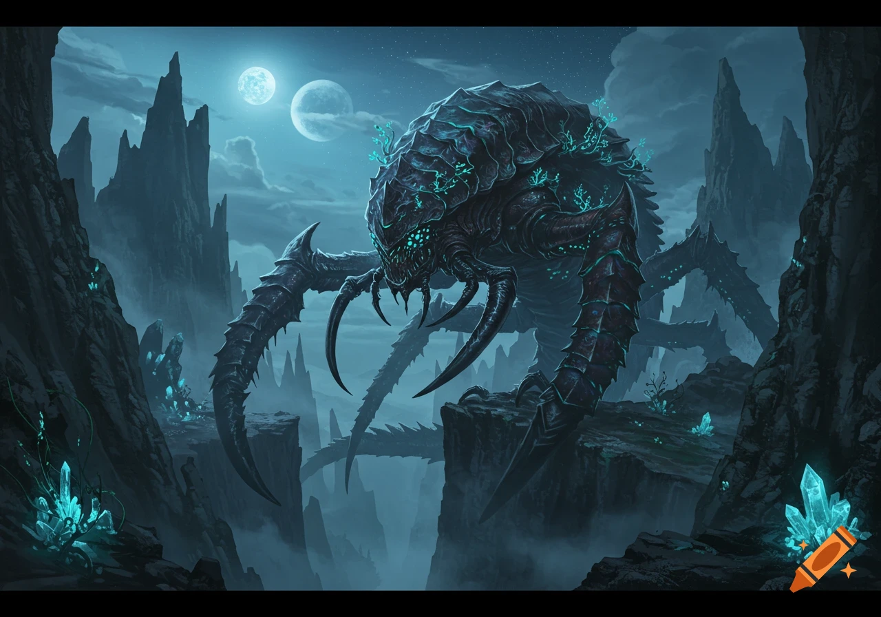 A dark, multi-legged chasmfiend monster with glowing eyes and cyan bioluminescence in a misty, jagged alien landscape with crystals.
