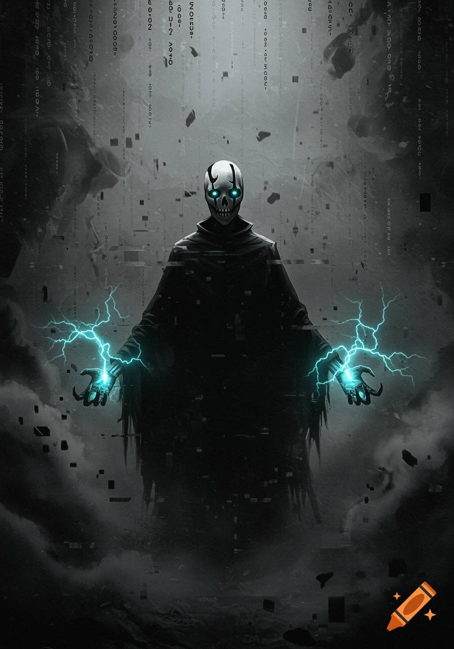 A dark cloaked skeletal figure with glowing blue eyes and hands, emitting bright blue electricity against a glitching, dark background with scattered digital debris.