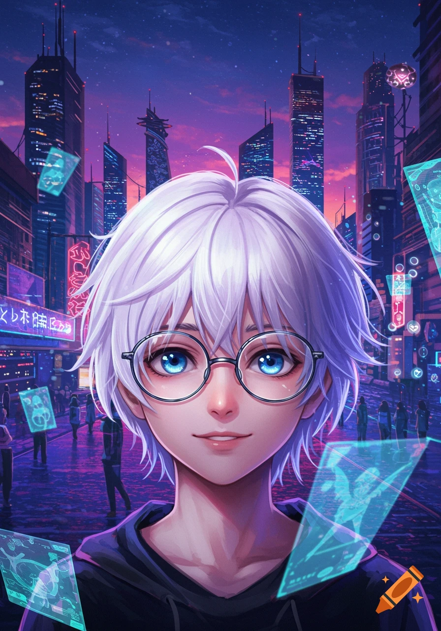 Anime boy with white hair, blue eyes, and glasses in a vibrant cyberpunk city with neon signs and holographic screens.