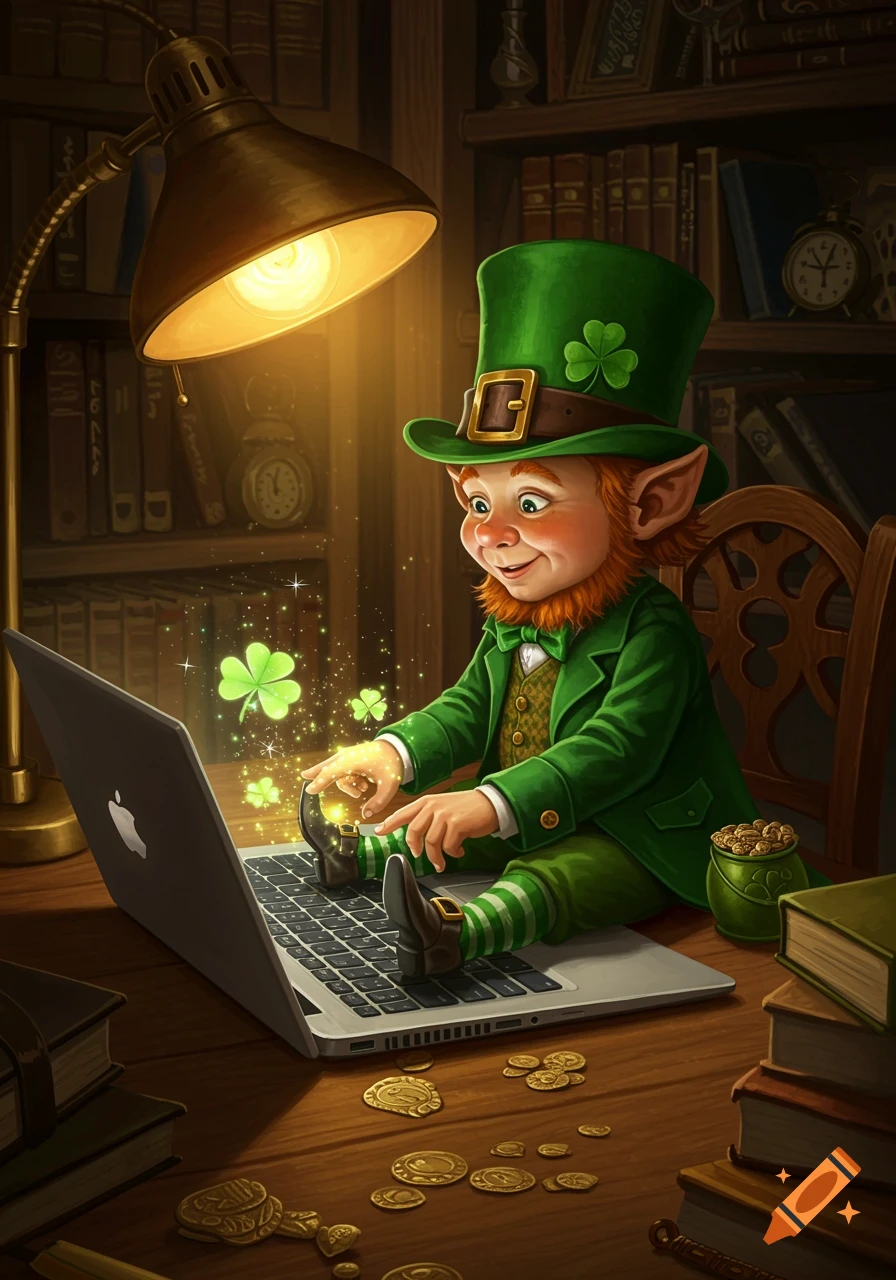 A happy leprechaun sits on a wooden desk, looking at a laptop, with glowing shamrocks, gold coins, and books.
