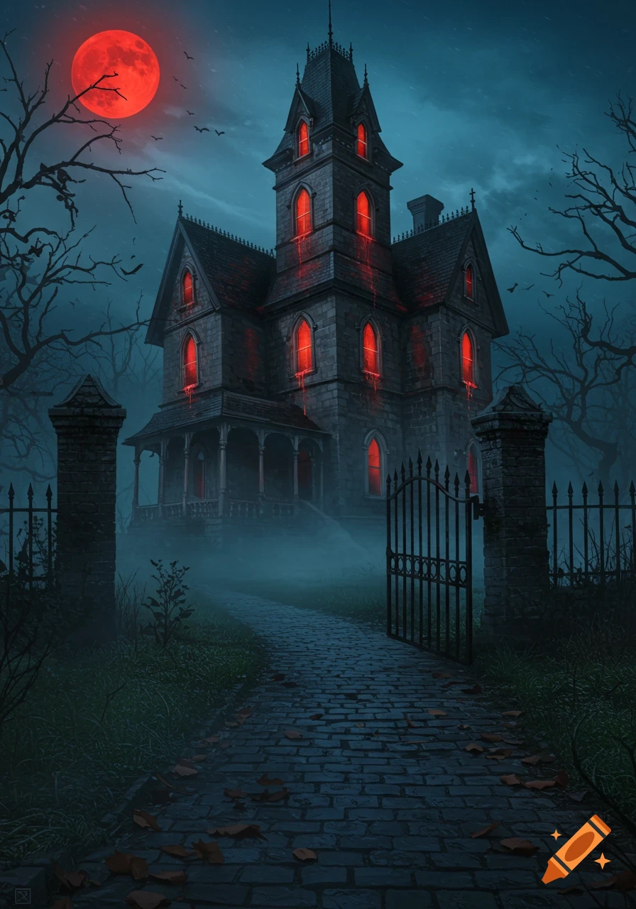 A spooky gothic haunted house with glowing red windows under a blood-red moon, surrounded by bare trees and fog.