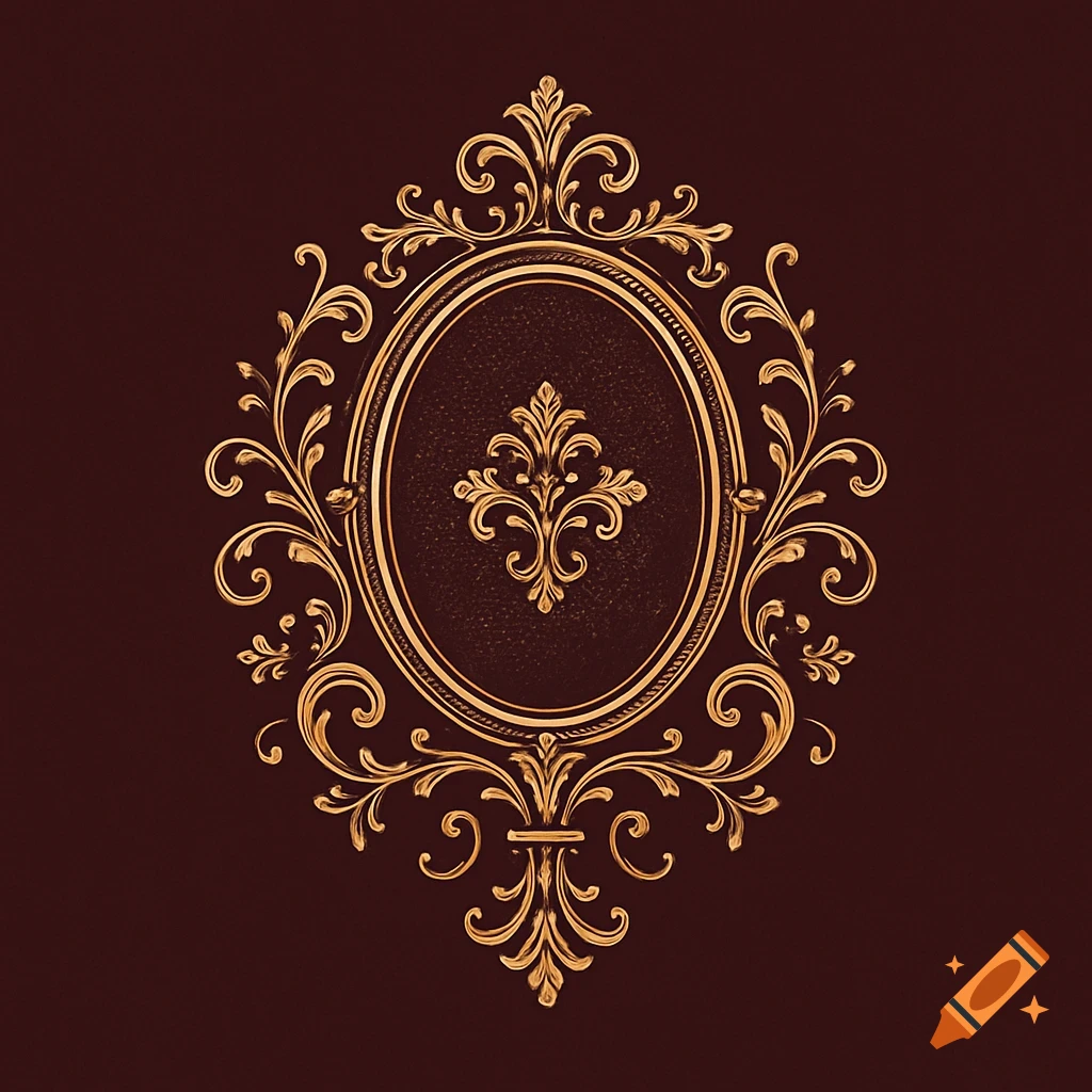 An ornate golden oval frame with intricate scrollwork against a dark red background.