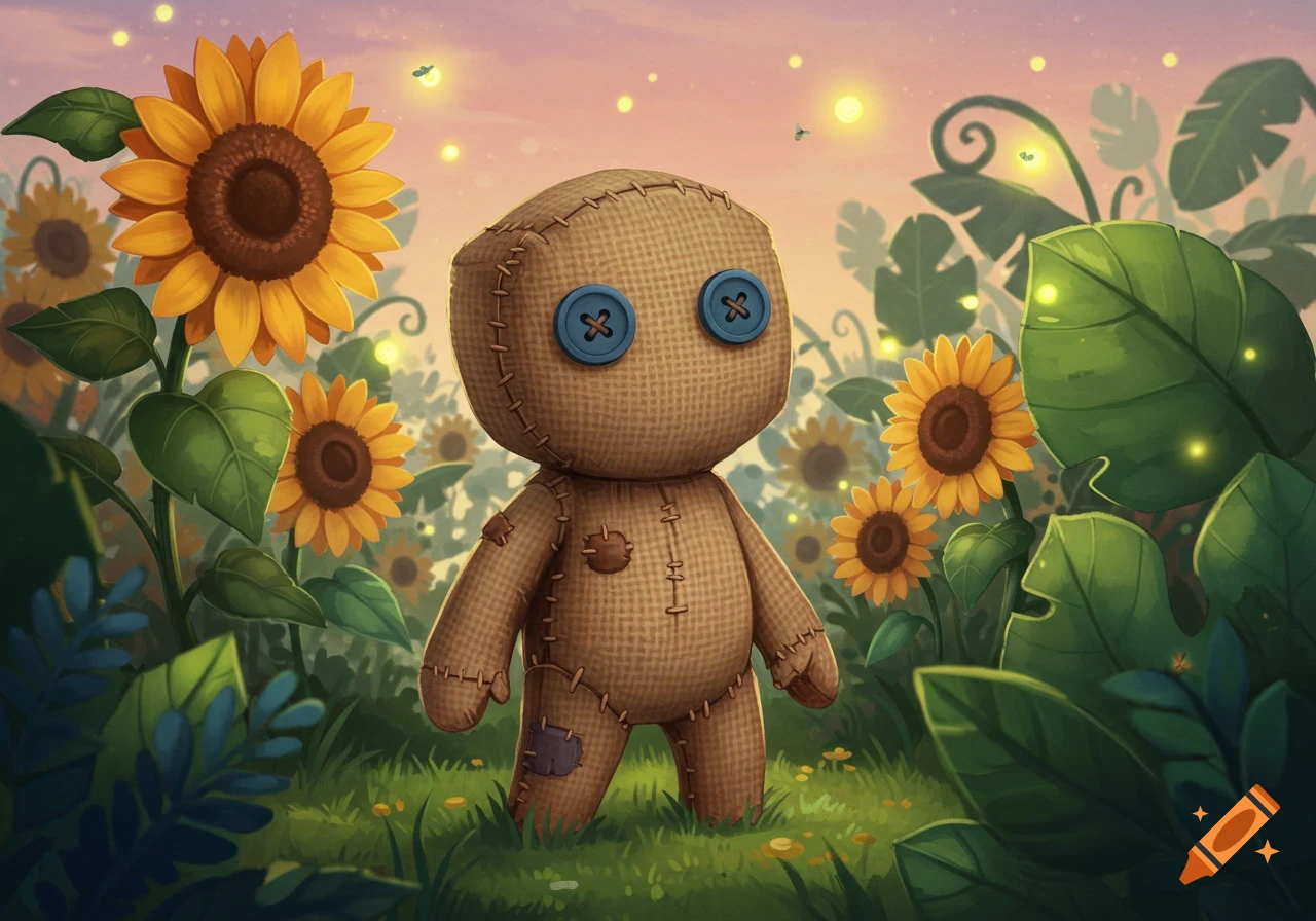 A cute burlap doll with button eyes stands among vibrant yellow sunflowers and glowing fireflies in a whimsical illustrated style.