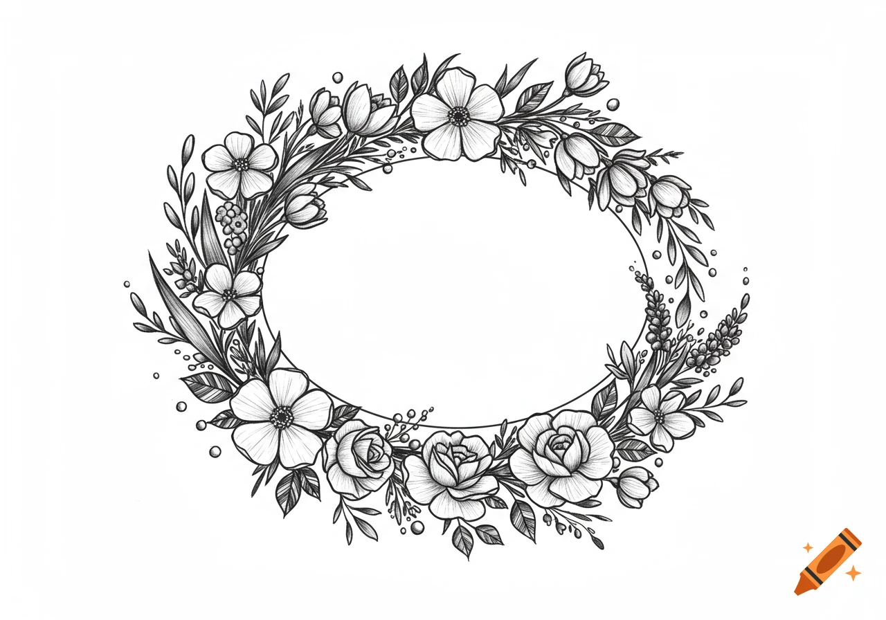 Black and white hand-drawn floral oval wreath with wildflowers, roses, and leaves.