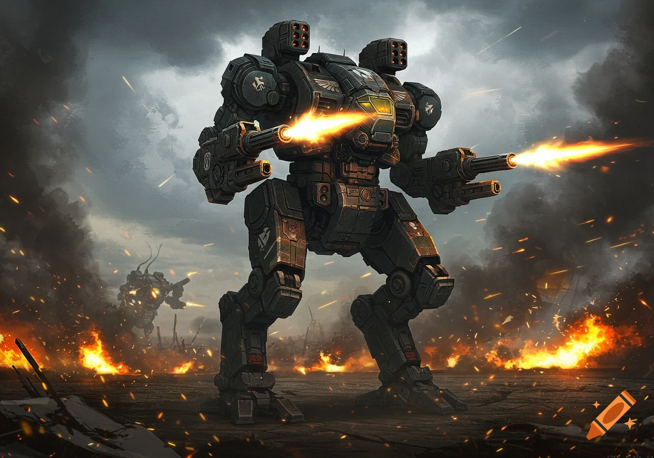 A powerful dark gray battlemech fires its weapons in a fiery, smoke-filled battlefield, with another mech in the background.