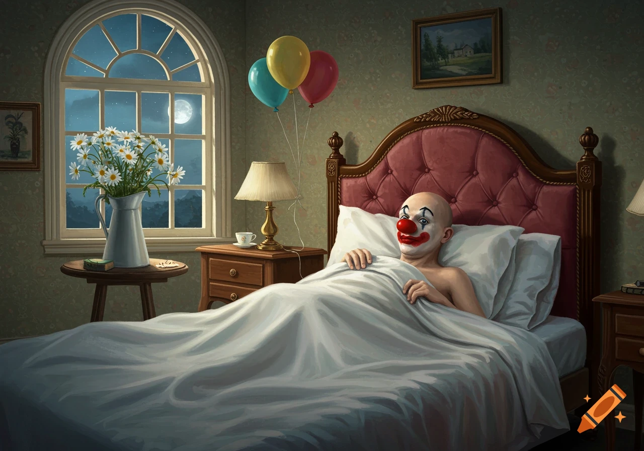 A bald clown in full makeup lies in bed in a dim bedroom with a large window and full moon, balloons floating nearby.