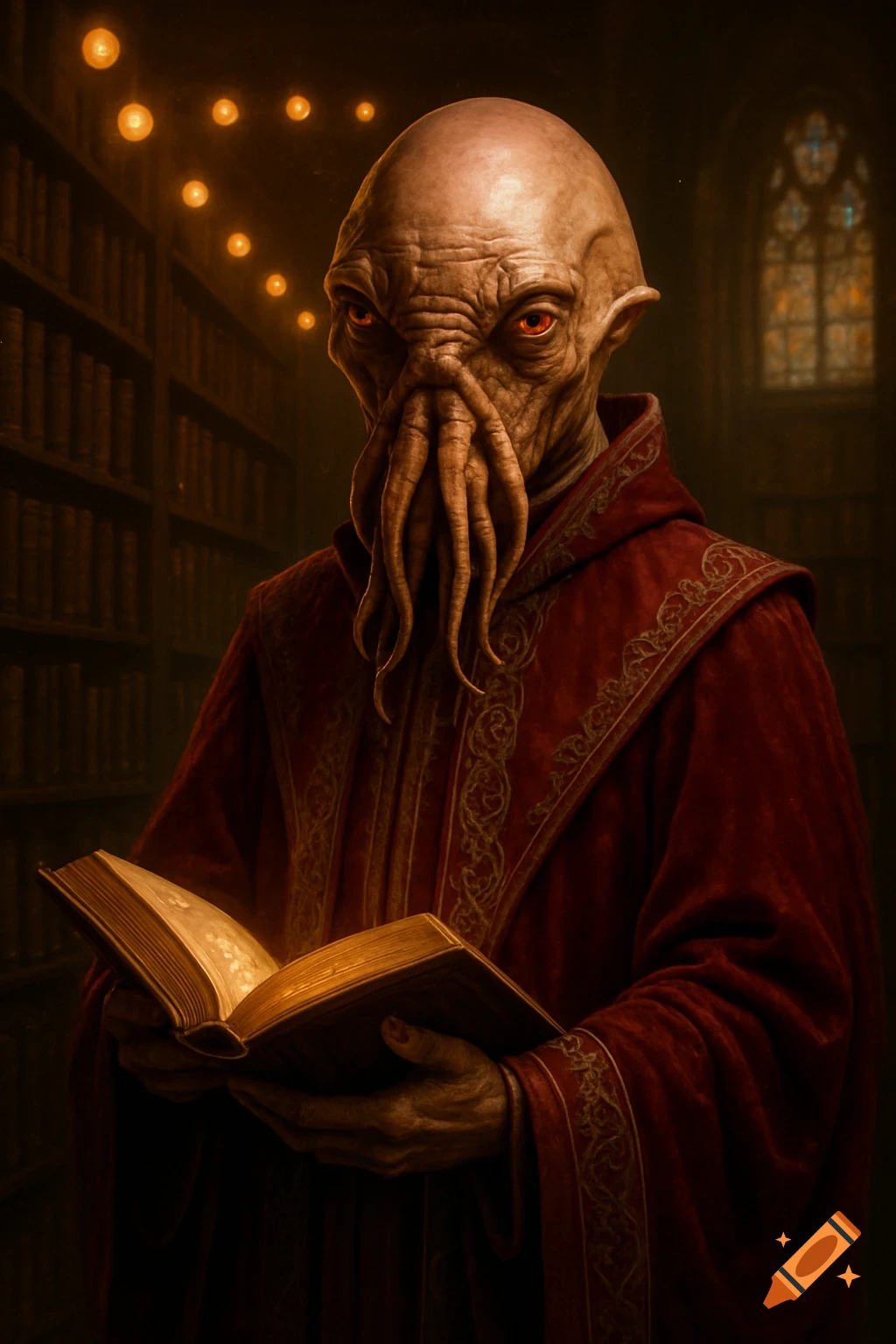 A reddish-brown Ood alien in a red robe with gold trim reads a glowing book in a dimly lit library.