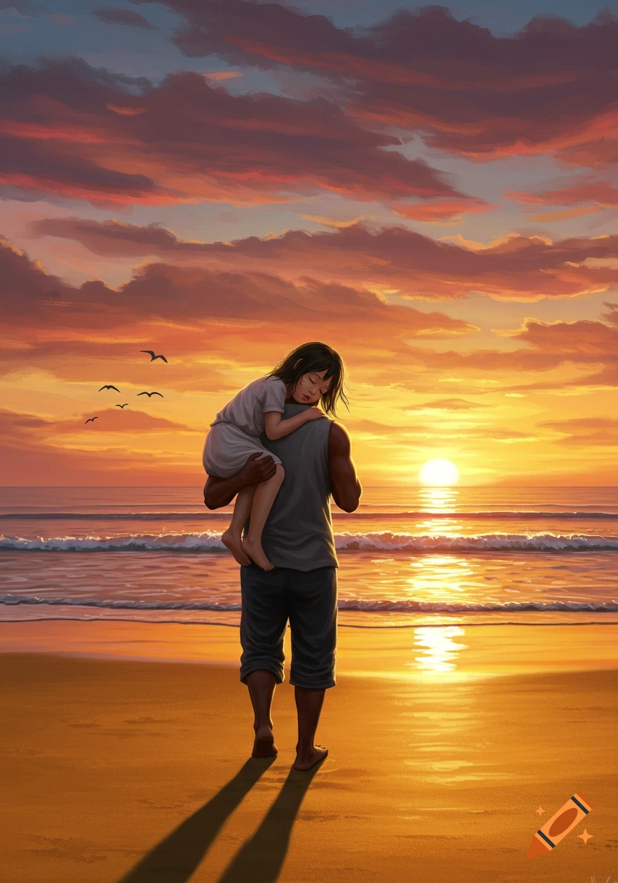 A man carries a sleeping girl on his shoulder, walking along a beach at sunset with vibrant orange and red clouds.