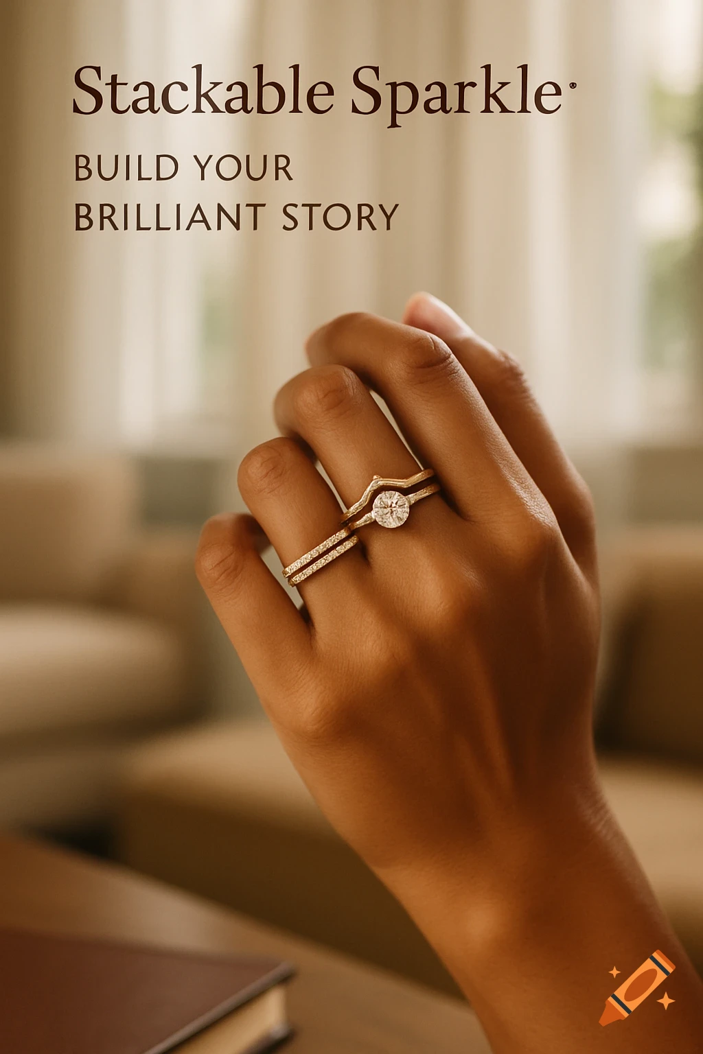 A hand wearing stackable gold and diamond rings, with the text "Stackable Sparkle: BUILD YOUR BRILLIANT STORY" in a photorealistic style.
