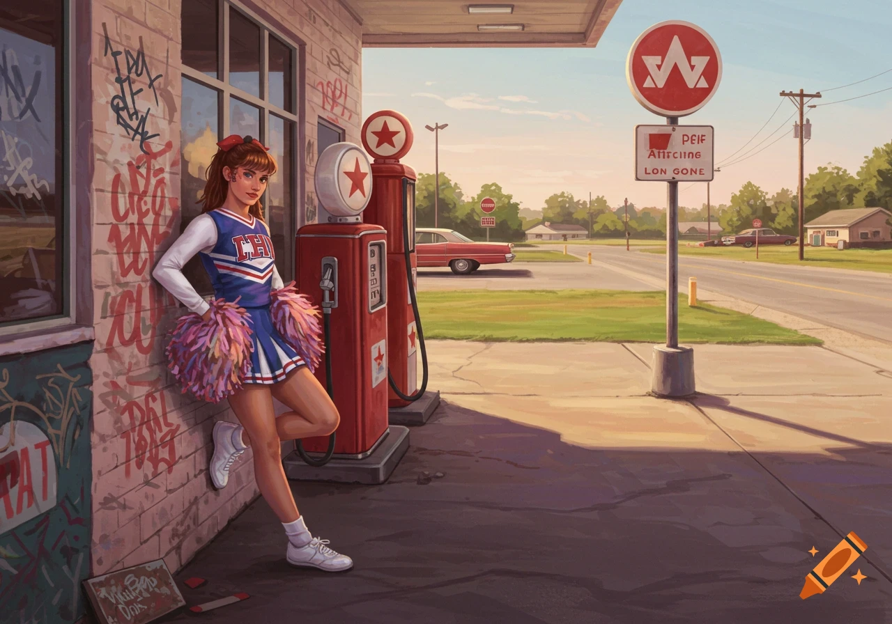 A cheerleading girl with pom-poms leans against a graffiti-covered gas station wall next to vintage red gas pumps, with an old car parked on the street in the background under a clear sky.
