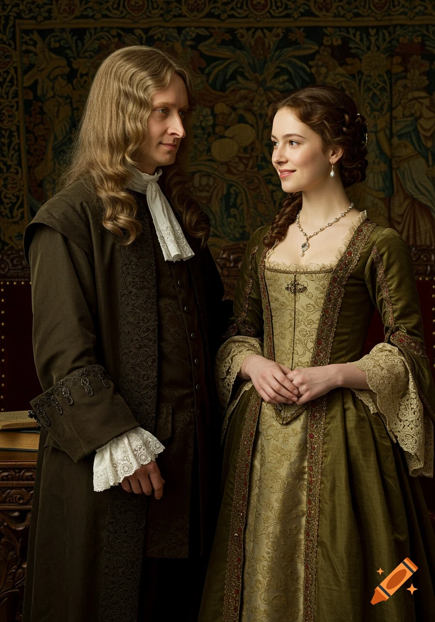 A man and a woman in 17th-century attire smiling and looking at each other, with a tapestry behind them.
