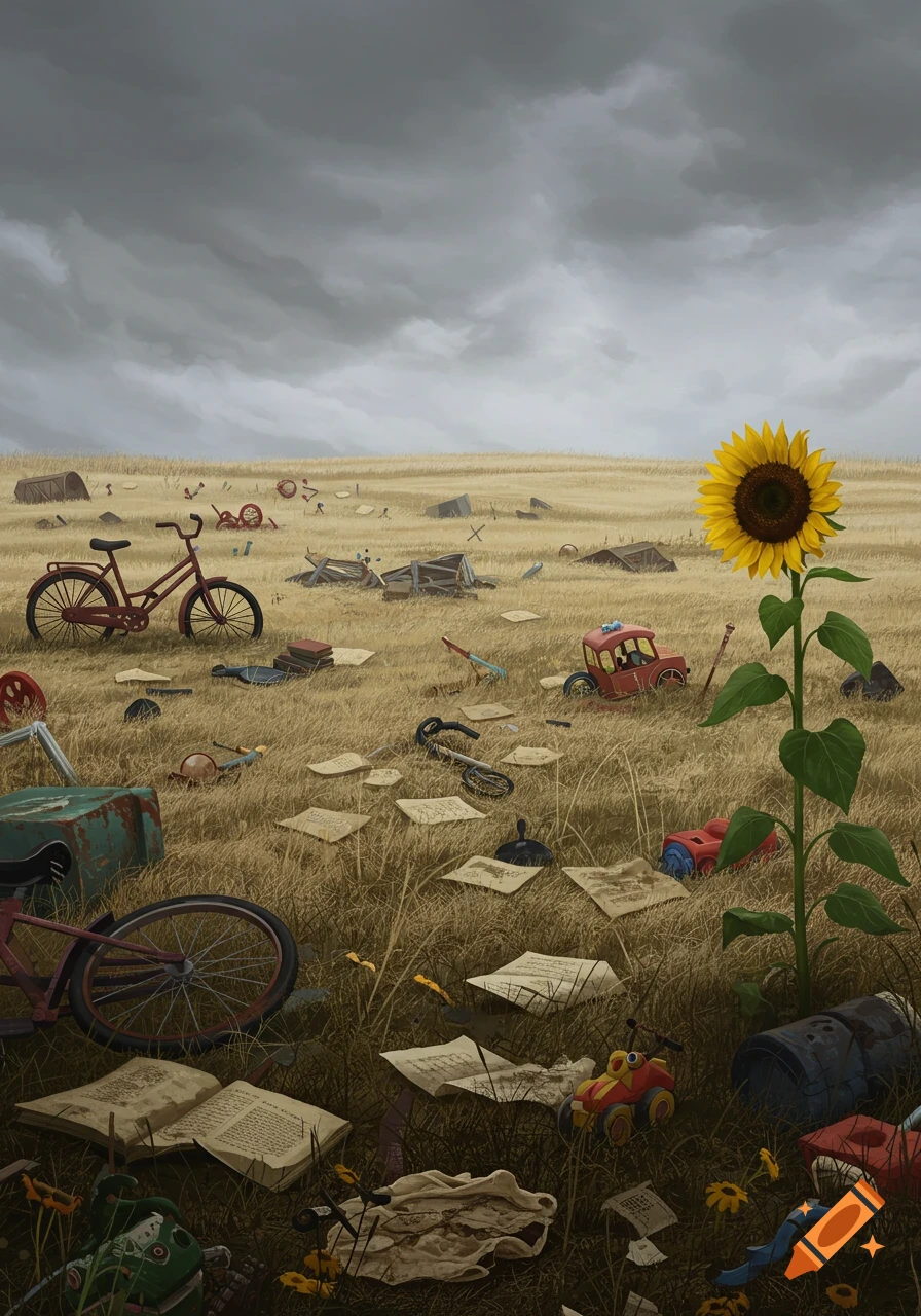 A desolate field under a stormy sky, littered with abandoned items and scattered papers, featuring a single sunflower.