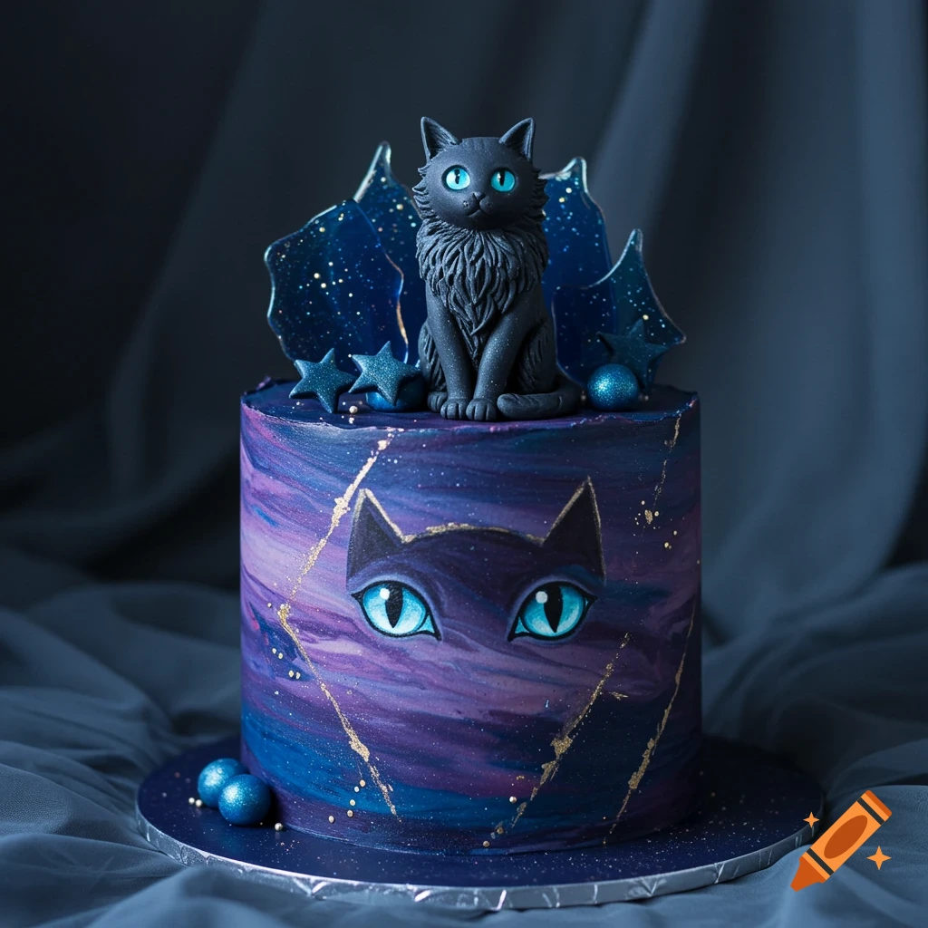 A dark blue and purple galaxy-themed cake with a black cat figurine on top and cat eyes on the side.