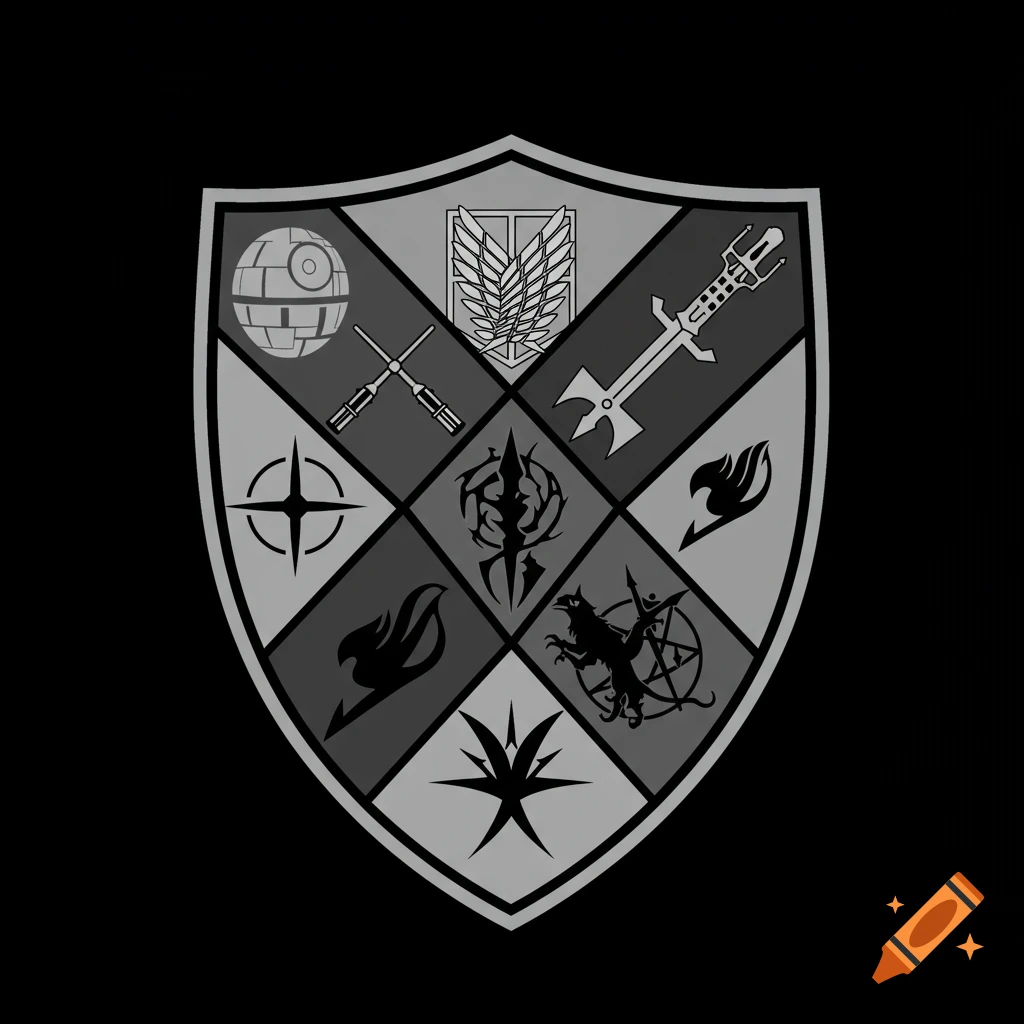 A minimalistic coat of arms divided into sections, each containing a grey symbol from various pop culture franchises like Star Wars and Attack on Titan.