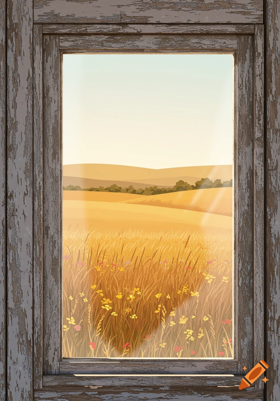 A view through an old, peeling window frame reveals a golden field with wildflowers and rolling hills under a bright sky.