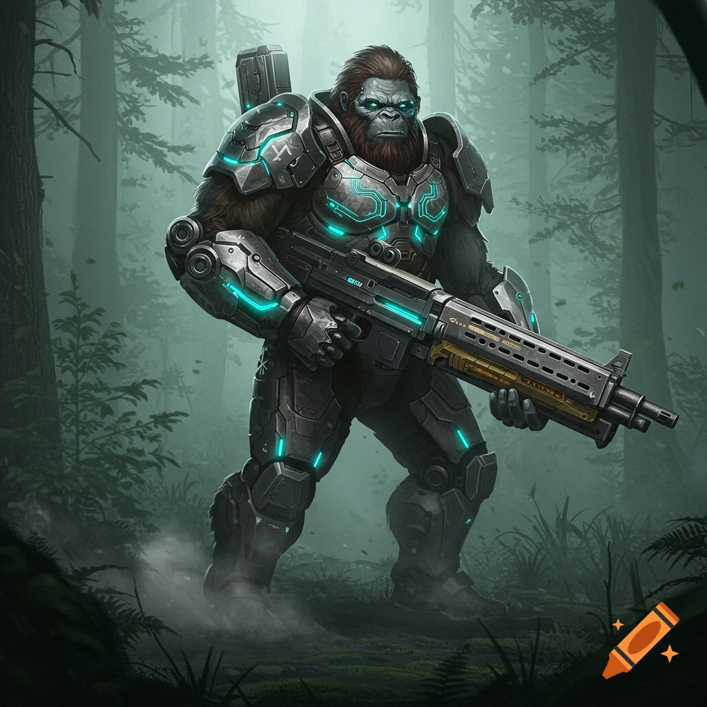 A heavily armored sasquatch wielding a large futuristic rifle stands in a misty forest.