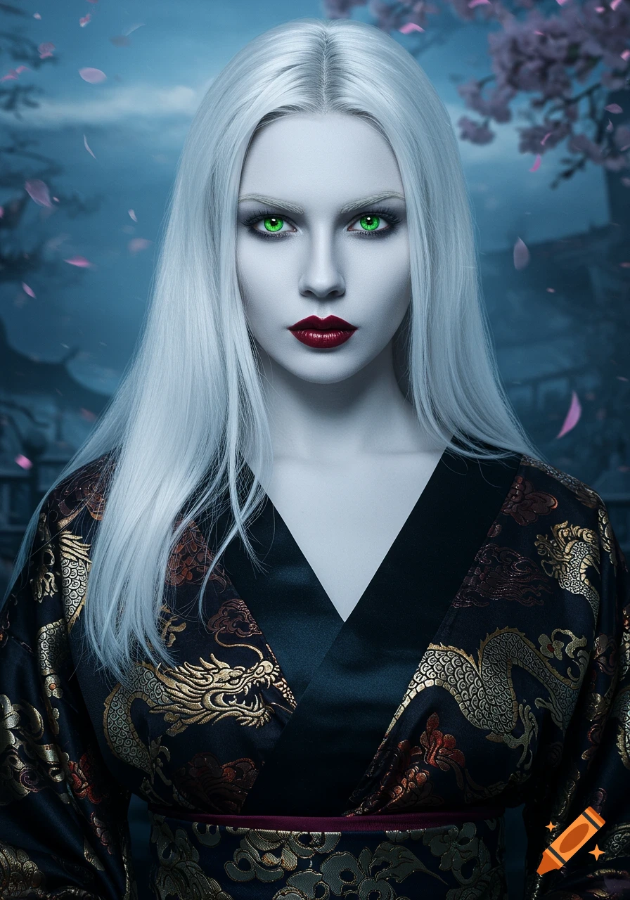 Photorealistic portrait of a pale woman with white hair, glowing green eyes, and red lips, wearing a black kimono with gold dragons.