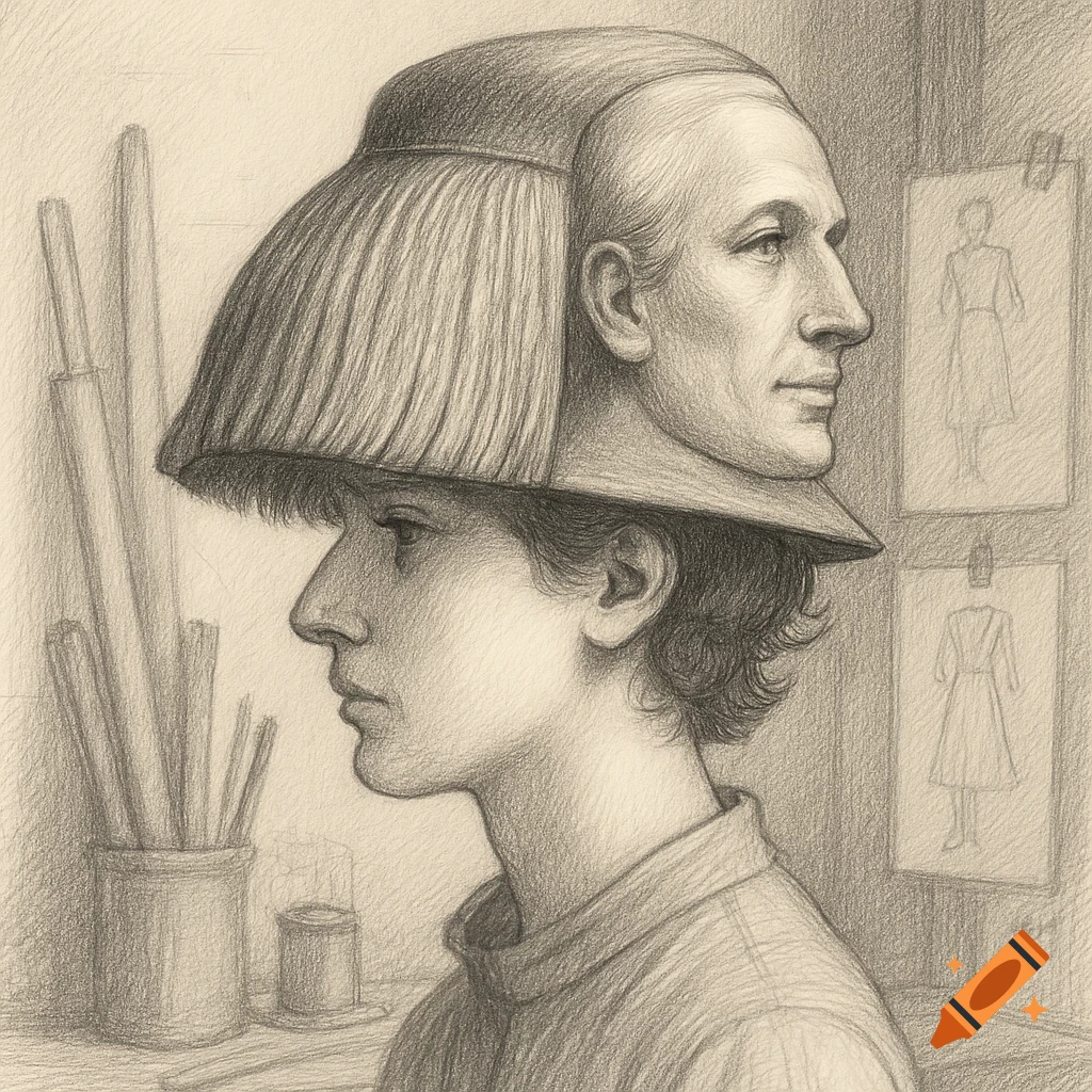 Pencil drawing of a person in profile wearing a hat that has hair in front and the profile of a man's face in the back, with dress sketches in the background.