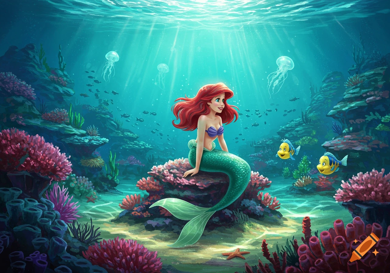 Ariel the Little Mermaid with red hair and a green tail sits on colorful coral in a vibrant animated underwater scene with fish and sunlight.