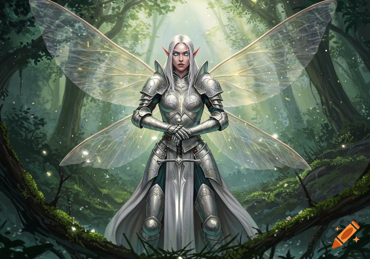 A white-haired elven warrior in shining plate armor with translucent wings holds a sword in a luminous forest.