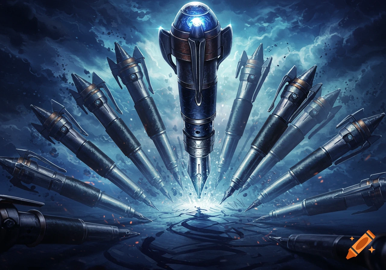 Sci-fi pens resembling warheads in a circular arrangement, with a glowing central pen on a dark, stormy background.