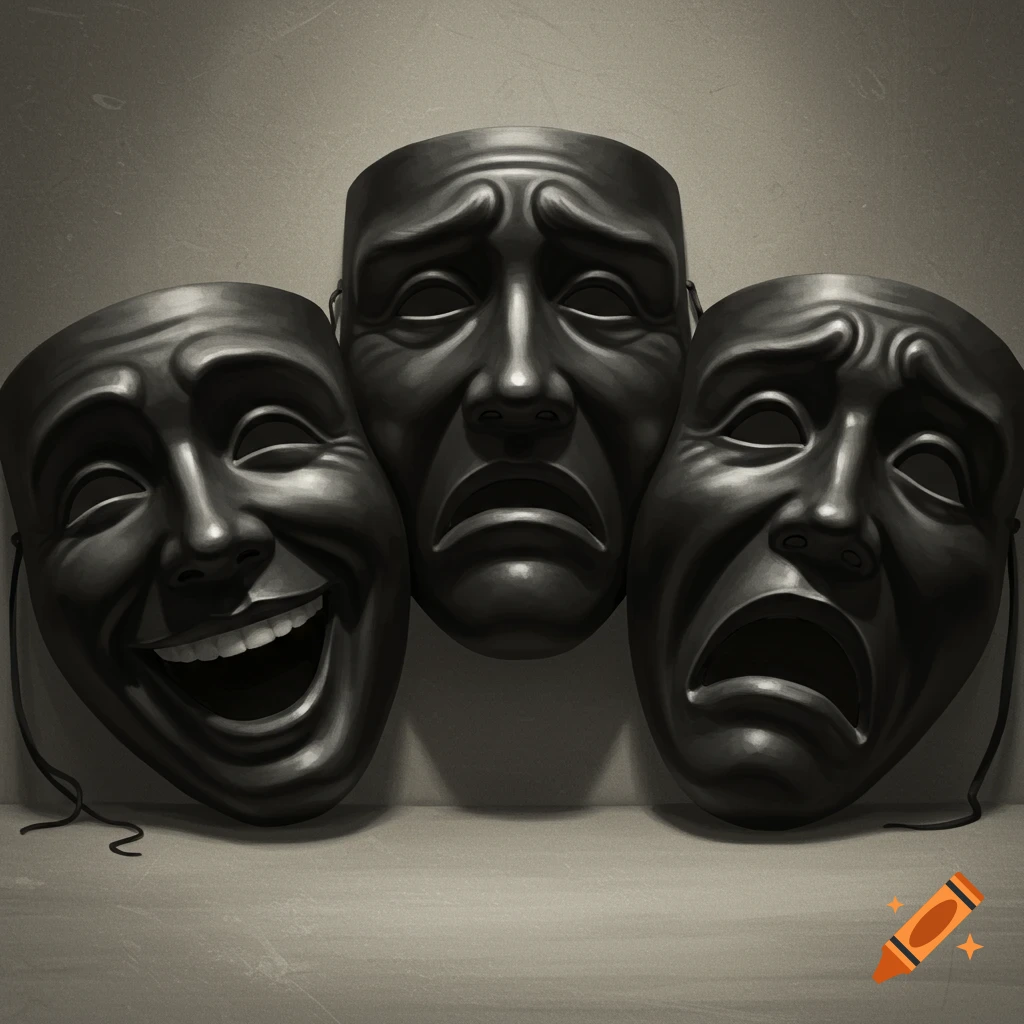 Three black theatrical masks: a happy mask, a sad mask, and a fearful mask, on a neutral background, photorealistic style.